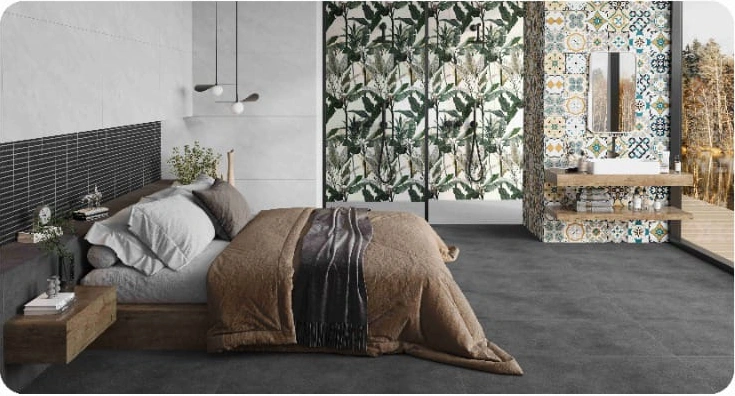 Charcoal & tropical — Bedroom & vanity combination